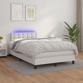 Cama Doble | Cama Para Adultos | Cama Box Spring Colchón Y Led Cuero Sintético Blanco 120x200 Cm Cfw2629224