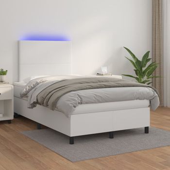 Cama Doble | Cama Para Adultos | Cama Box Spring Colchón Y Led Cuero Sintético Blanco 120x200 Cm Cfw1793303