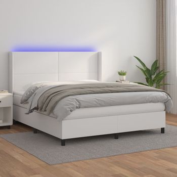 Cama Doble | Cama Para Adultos | Cama Box Spring Colchón Y Led Cuero Sintético Blanco 160x200 Cm Cfw1624424