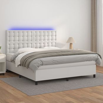 Cama Doble | Cama Para Adultos | Cama Box Spring Colchón Y Led Cuero Sintético Blanco 160x200 Cm Cfw1792832