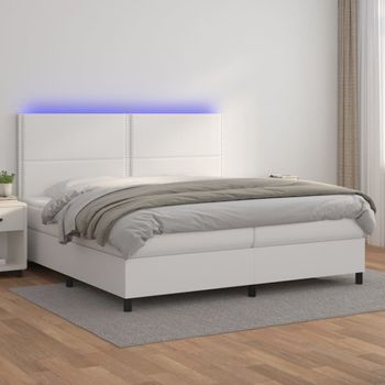 Cama Doble | Cama Para Adultos | Cama Box Spring Colchón Y Led Cuero Sintético Blanco 200x200 Cm Cfw3733846