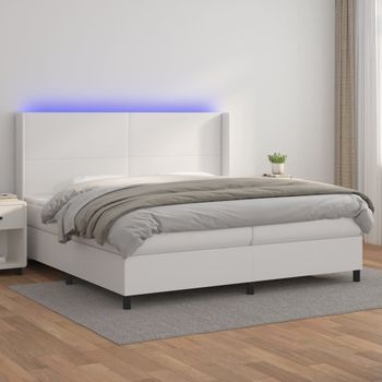 Cama Doble | Cama Para Adultos | Cama Box Spring Colchón Y Led Cuero Sintético Blanco 200x200 Cm Cfw1976203