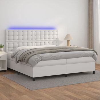 Cama Doble | Cama Para Adultos | Cama Box Spring Colchón Y Led Cuero Sintético Blanco 200x200 Cm Cfw4281957