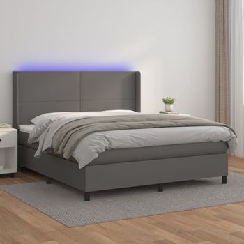 Cama Doble | Cama Para Adultos | Cama Box Spring Colchón Y Led Cuero Sintético Gris 160x200 Cm Cfw3745272