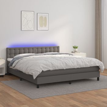 Cama Doble | Cama Para Adultos | Cama Box Spring Colchón Y Led Cuero Sintético Gris 160x200 Cm Cfw7292851