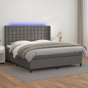 Cama Doble | Cama Para Adultos | Cama Box Spring Colchón Y Led Cuero Sintético Gris 160x200 Cm Cfw5066710