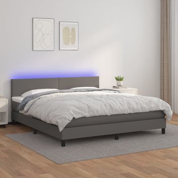 Cama Doble | Cama Para Adultos | Cama Box Spring Colchón Y Led Cuero Sintético Gris 160x200 Cm Cfw4138840