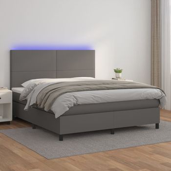 Cama Doble | Cama Para Adultos | Cama Box Spring Colchón Y Led Cuero Sintético Gris 160x200 Cm Cfw9219681