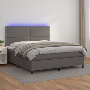 Cama Doble | Cama Para Adultos | Cama Box Spring Colchón Y Led Cuero Sintético Gris 180x200 Cm Cfw9559112