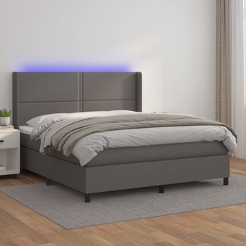 Cama Doble | Cama Para Adultos | Cama Box Spring Colchón Y Led Cuero Sintético Gris 180x200 Cm Cfw1972446