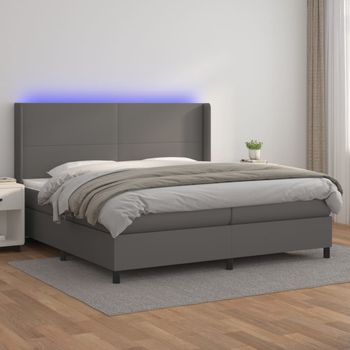 Cama Doble | Cama Para Adultos | Cama Box Spring Colchón Y Led Cuero Sintético Gris 200x200 Cm Cfw1740455