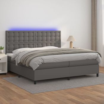 Cama Doble | Cama Para Adultos | Cama Box Spring Colchón Y Led Cuero Sintético Gris 200x200 Cm Cfw1606763