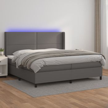 Cama Doble | Cama Para Adultos | Cama Box Spring Colchón Y Led Cuero Sintético Gris 200x200 Cm Cfw1106642