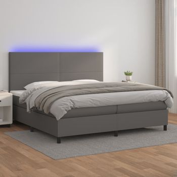 Cama Doble | Cama Para Adultos | Cama Box Spring Colchón Y Led Cuero Sintético Gris 200x200 Cm Cfw1184234