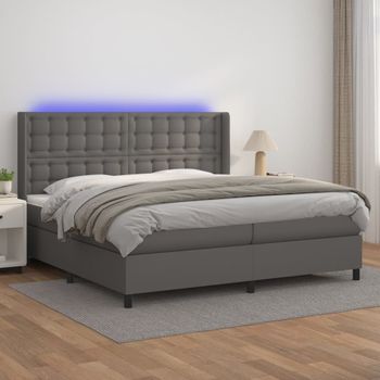 Cama Doble | Cama Para Adultos | Cama Box Spring Colchón Y Led Cuero Sintético Gris 200x200 Cm Cfw3047220