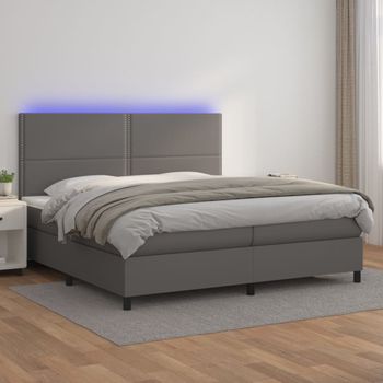 Cama Doble | Cama Para Adultos | Cama Box Spring Colchón Y Led Cuero Sintético Gris 200x200 Cm Cfw5669581