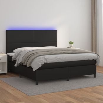 Cama Doble | Cama Para Adultos | Cama Box Spring Colchón Y Led Cuero Sintético Negro 160x200 Cm Cfw4513071