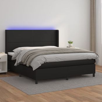 Cama Doble | Cama Para Adultos | Cama Box Spring Colchón Y Led Cuero Sintético Negro 160x200 Cm Cfw3178658