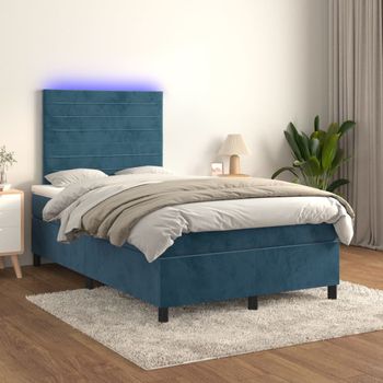 Cama Doble | Cama Para Adultos | Cama Box Spring Colchón Y Led Terciopelo Azul Oscuro 120x200 Cm Cfw4318644