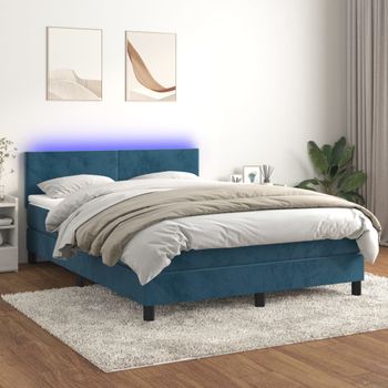 Cama Doble | Cama Para Adultos | Cama Box Spring Colchón Y Led Terciopelo Azul Oscuro 140x190 Cm Cfw7302531