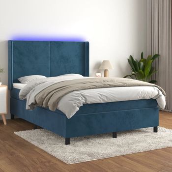 Cama Doble | Cama Para Adultos | Cama Box Spring Colchón Y Led Terciopelo Azul Oscuro 140x190 Cm Cfw1732706