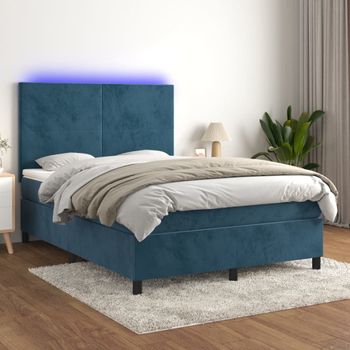 Cama Doble | Cama Para Adultos | Cama Box Spring Colchón Y Led Terciopelo Azul Oscuro 140x190 Cm Cfw9904129