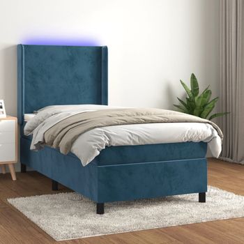 Cama Individual | Cama Para Adultos | Cama Box Spring Colchón Y Led Terciopelo Azul Oscuro 90x190 Cm Cfw8951726