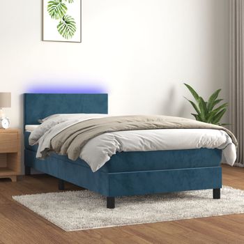 Cama Individual | Cama Para Adultos | Cama Box Spring Colchón Y Led Terciopelo Azul Oscuro 90x190 Cm Cfw2691542