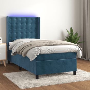 Cama Individual | Cama Para Adultos | Cama Box Spring Colchón Y Led Terciopelo Azul Oscuro 90x190 Cm Cfw8529267