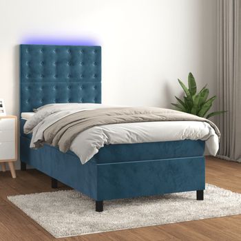 Cama Individual | Cama Para Adultos | Cama Box Spring Colchón Y Led Terciopelo Azul Oscuro 90x190 Cm Cfw1788139