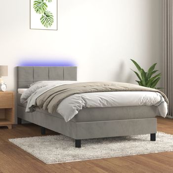 Cama Individual | Cama Para Adultos | Cama Box Spring Colchón Y Led Terciopelo Gris Claro 100x200 Cm Cfw1585064