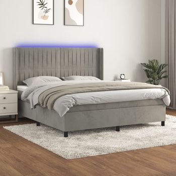 Cama Doble | Cama Para Adultos | Cama Box Spring Colchón Y Led Terciopelo Gris Claro 160x200 Cm Cfw1125058