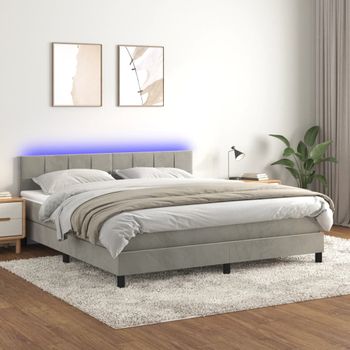 Cama Doble | Cama Para Adultos | Cama Box Spring Colchón Y Led Terciopelo Gris Claro 160x200 Cm Cfw8105477