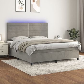 Cama Doble | Cama Para Adultos | Cama Box Spring Colchón Y Led Terciopelo Gris Claro 160x200 Cm Cfw4098660