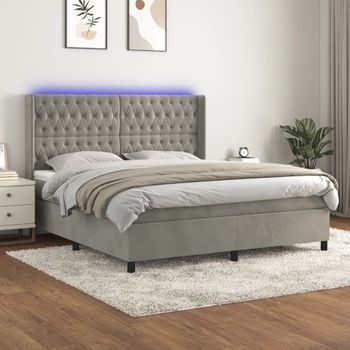 Cama Doble | Cama Para Adultos | Cama Box Spring Colchón Y Led Terciopelo Gris Claro 160x200 Cm Cfw5552041