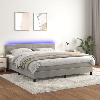 Cama Doble | Cama Para Adultos | Cama Box Spring Colchón Y Led Terciopelo Gris Claro 160x200 Cm Cfw2910962