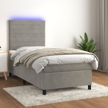 Cama Individual | Cama Para Adultos | Cama Box Spring Colchón Y Led Terciopelo Gris Claro 80x200 Cm Cfw4563446