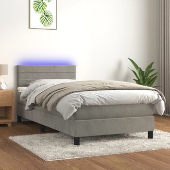 Cama Individual | Cama Para Adultos | Cama Box Spring Colchón Y Led Terciopelo Gris Claro 90x190 Cm Cfw7802037