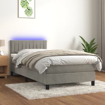 Cama Individual | Cama Para Adultos | Cama Box Spring Colchón Y Led Terciopelo Gris Claro 90x190 Cm Cfw2804634