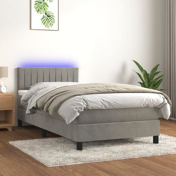 Cama Individual | Cama Para Adultos | Cama Box Spring Colchón Y Led Terciopelo Gris Claro 90x200 Cm Cfw2311014