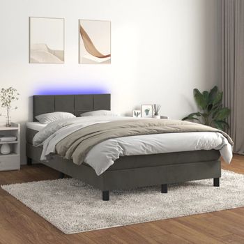 Cama Doble | Cama Para Adultos | Cama Box Spring Colchón Y Led Terciopelo Gris Oscuro 120x200 Cm Cfw2715809