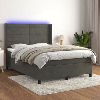 Cama Doble | Cama Para Adultos | Cama Box Spring Colchón Y Led Terciopelo Gris Oscuro 140x190 Cm Cfw7005229