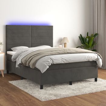 Cama Doble | Cama Para Adultos | Cama Box Spring Colchón Y Led Terciopelo Gris Oscuro 140x200 Cm Cfw1884103