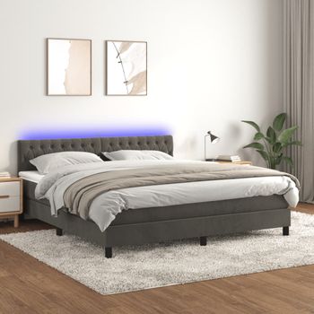 Cama Doble | Cama Para Adultos | Cama Box Spring Colchón Y Led Terciopelo Gris Oscuro 160x200 Cm Cfw1480356