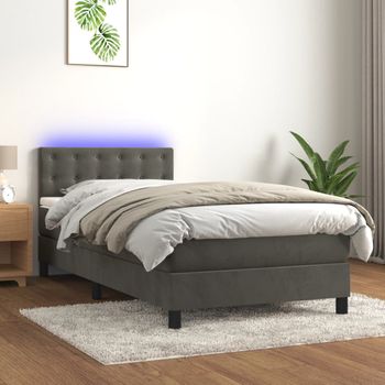 Cama Individual | Cama Para Adultos | Cama Box Spring Colchón Y Led Terciopelo Gris Oscuro 90x200 Cm Cfw4330414