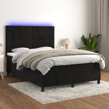 Cama Doble | Cama Para Adultos | Cama Box Spring Colchón Y Led Terciopelo Negro 140x190 Cm Cfw8802981