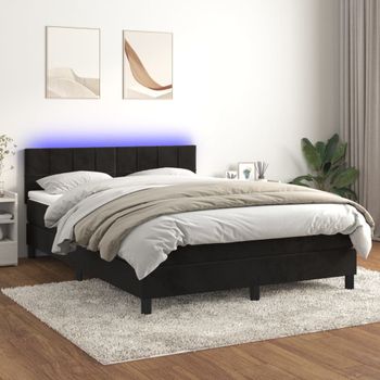 Cama Doble | Cama Para Adultos | Cama Box Spring Colchón Y Led Terciopelo Negro 140x190 Cm Cfw7110215