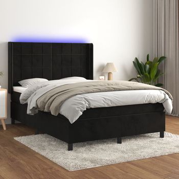 Cama Doble | Cama Para Adultos | Cama Box Spring Colchón Y Led Terciopelo Negro 140x190 Cm Cfw3433982