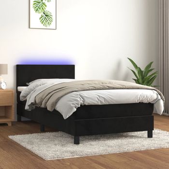 Cama Individual | Cama Para Adultos | Cama Box Spring Colchón Y Led Terciopelo Negro 90x190 Cm Cfw6486178