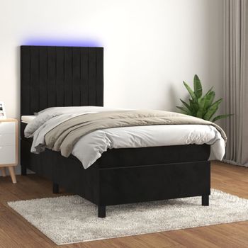 Cama Individual | Cama Para Adultos | Cama Box Spring Colchón Y Led Terciopelo Negro 90x190 Cm Cfw3848097